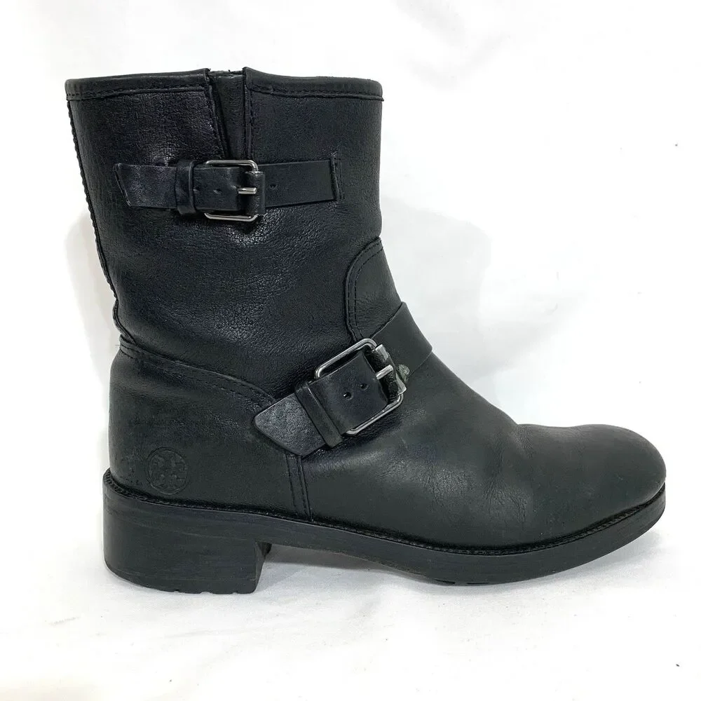 TORY BURCH LEATHER ANKLE BOOTIES BLACK ZIP-UP STRAP BUCKLE BOOTS SIZE 8.5